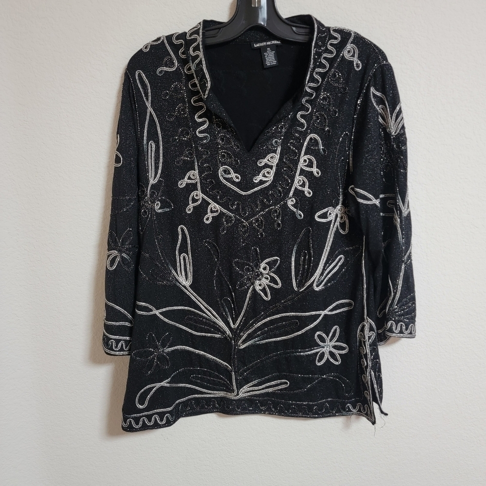 Lauren Michelle Black and Silver Floral Embroidered Shimmery Top